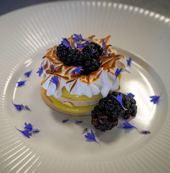pastry sitting on a plate with whipped cream and blackberries on top