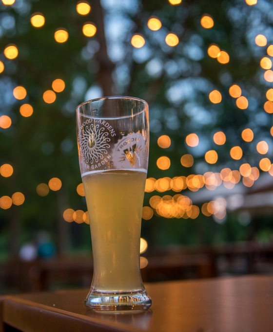 A glass of beer on a picnic table in an outdoor beer garden.
