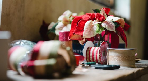 A table with a multi-colored poinsettia and craft supplies on top.