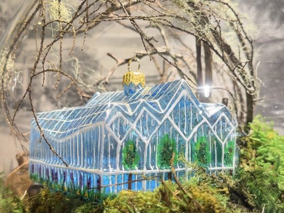 An oranament of a glass conservatory resting on a bed of moss.