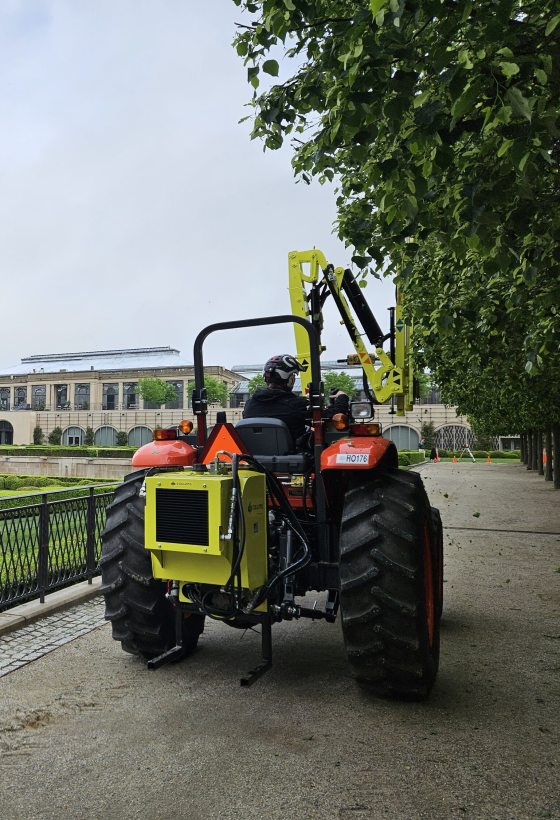 A person in a red tractor trimming trees along an allee with a large yellow shearing device on the front of the tractor.