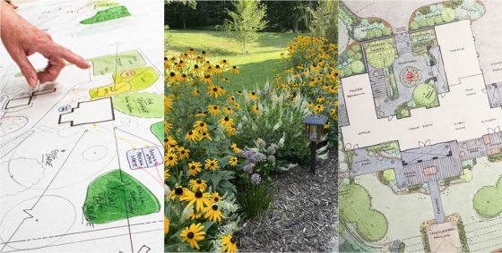 Three images collaged together, featuring landscape design plans and gardens.