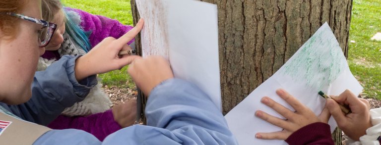scouts make tree bark rubbings against a tree with crayons and paper