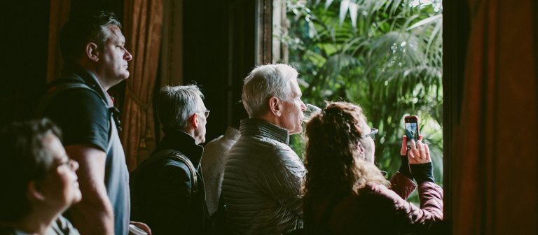 a group of people look out a window into a garden