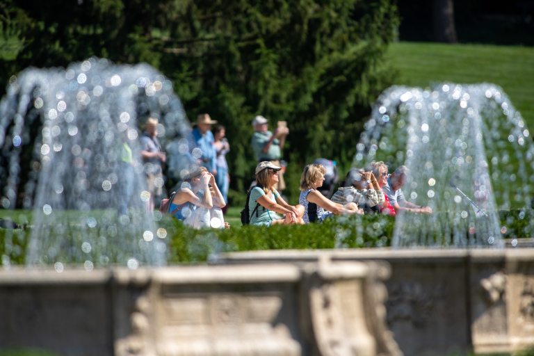 a group of people sitting on a bright green lawn behind a spray if water coming from two fountains