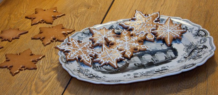 star shaped cookies decorated with white icing on a blue and white plate