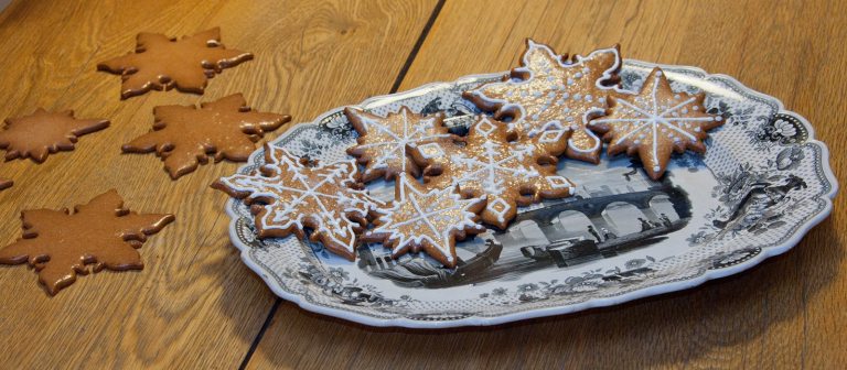 star shaped cookies decorated with white icing on a blue and white plate