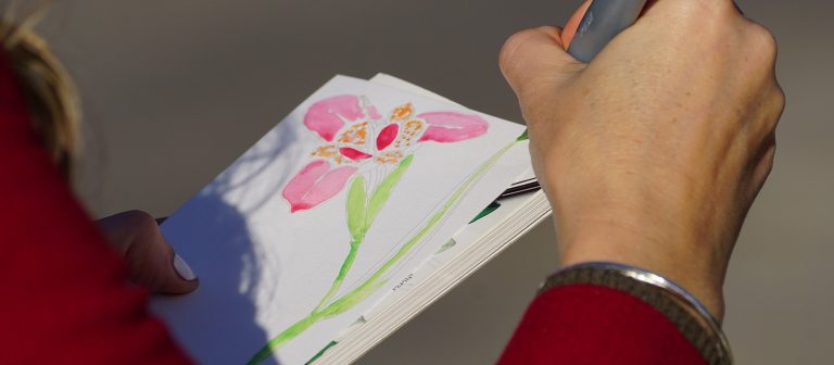a person sketching an orchid in a sketchbook