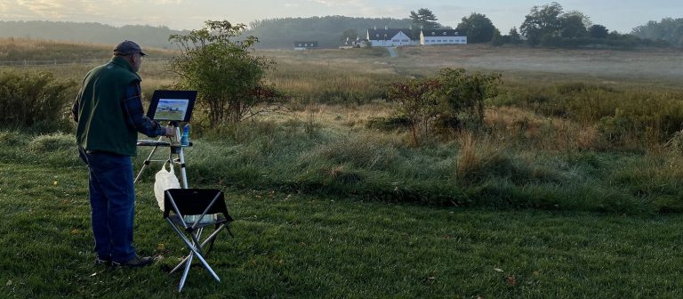 a person painting outdoors overlooking a meadow garden