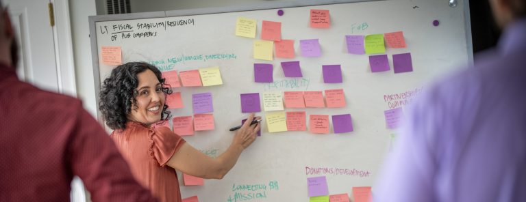 a woman in a light red shirt with curly brown hair takes notes on a white board. 