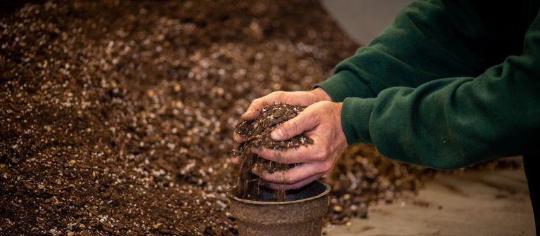 a person filling a small pot with soil