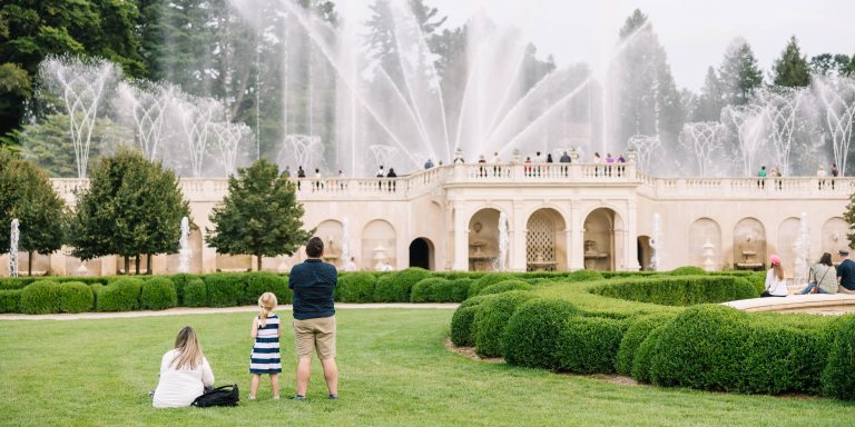 A family on a green lawn edged with trees and boxwood watches a large fountain display 