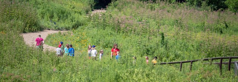 A vista of a meadow garden path with students walking down a trail.