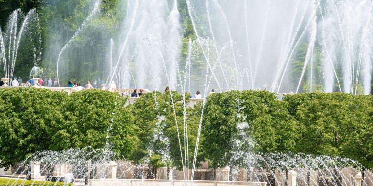 Guests surrounded by fountains and green shrubs on 2 levels of a fountain garden.