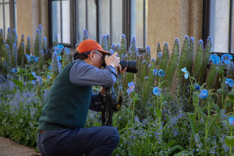 A person in an orange hat kneeling on the ground taking a photograph.