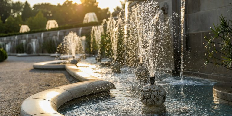 A line of fountains along a stone wall catch the long rays of golden hour while spilling into semicircular pools along a walkway that fades in focus from right to left.