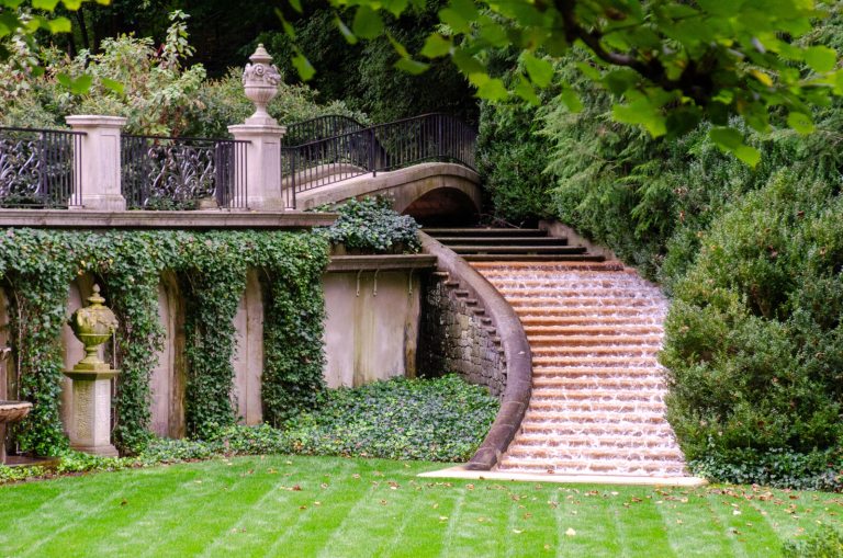 A view of the Italian Water Garden stairs and wall at Longwood Gardens.