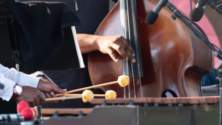Closeup of a hand plucking strings on a bass, next to hands playing with drumsticks.