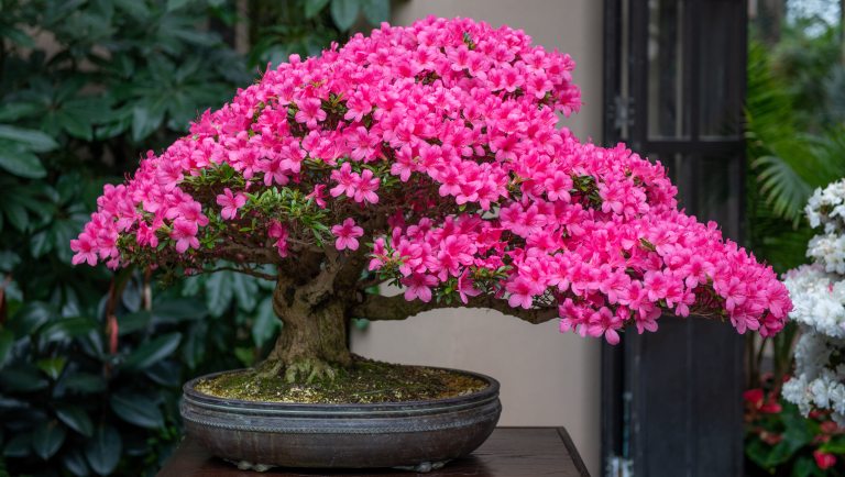 Rhododendron bonsai in bloom with bright pink flowers.