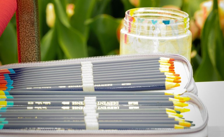 Colored pencils arranged in an open case resting on a table.