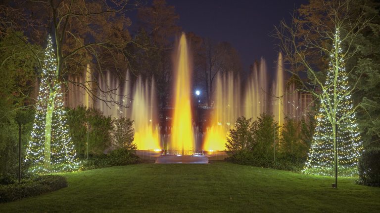 Fountains lit with yellow light rise against a night sky, with a lit Christmas tree form on either side.