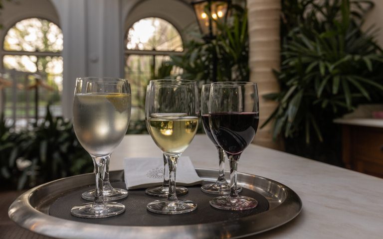 Four glasses of wine on a silver tray.