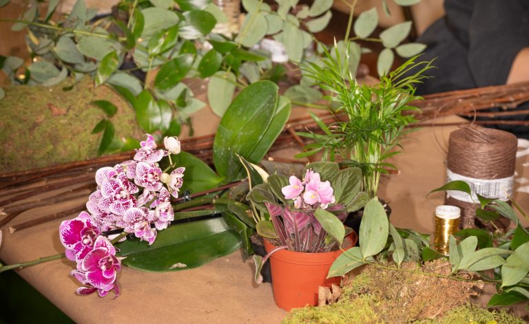 An assortment of floral design materials on a table.