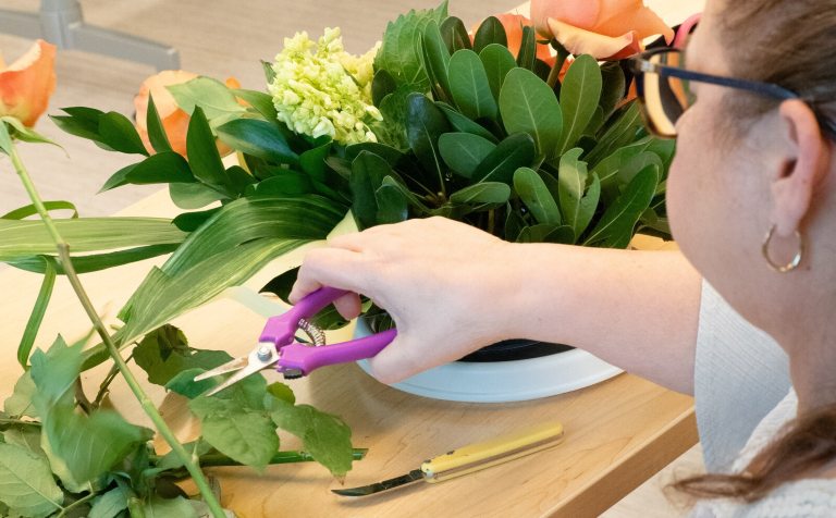 A person using purple snips to trim a flower.