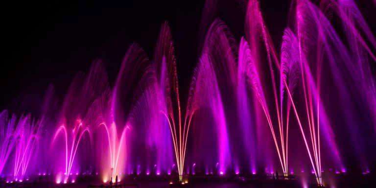 Tall jets of fuchsia fountains reach up against a black night sky.
