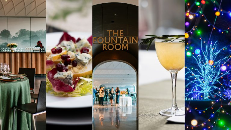 Collage includes central image of words "The Fountain Room" over an arched doorway with a glimpse of people dining, flanked by closeup shots of table settings, food, drink, and outdoor Christmas lights.