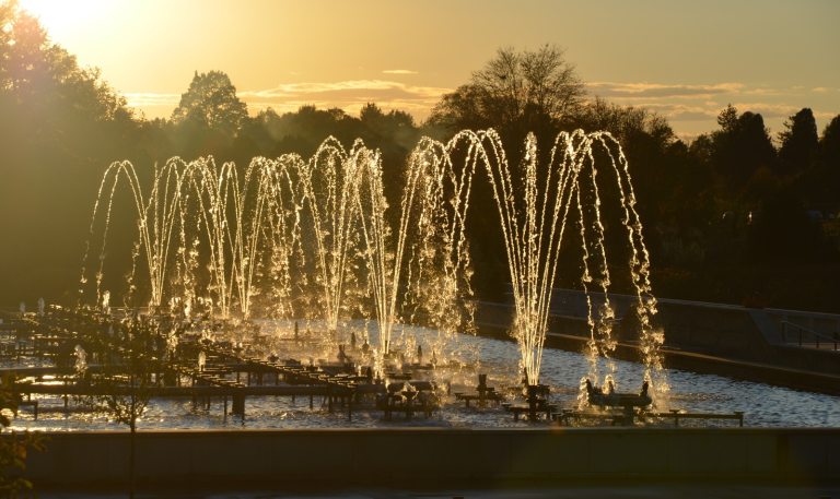 Fountains at Longwood Gardens at sunset.