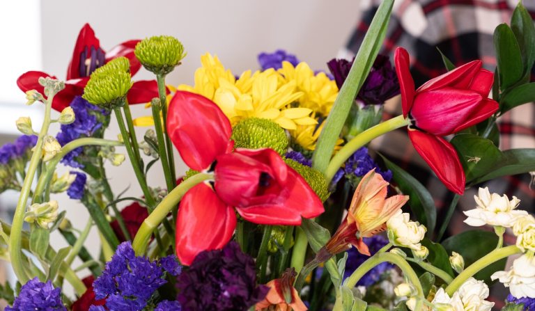 Flowers arranged in a bouquet.