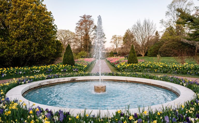 A circular fountain with flowering beds around it at Longwood Gardens.