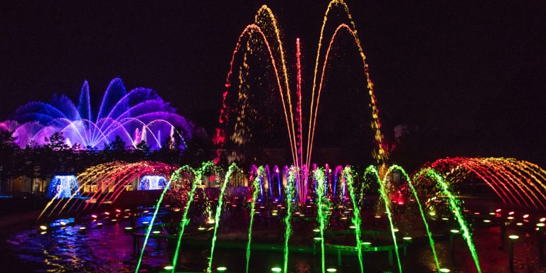 Fountains lit in a rainbow of colors splash against a black night sky.