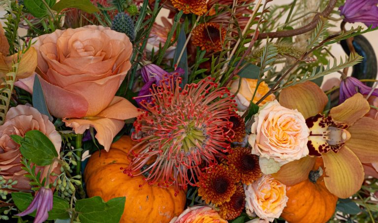 A fall floral arrangement, with peach and rust colored blooms, and mini pumpkins spread throughout.