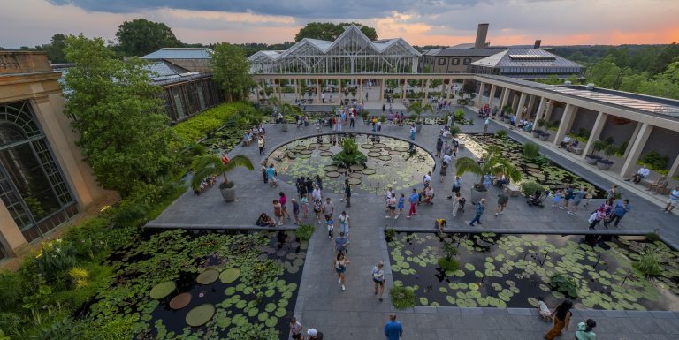 Wide view of guests strolling an outdoor court of waterlily pools at sunset, surrounded by conservatory buildings.