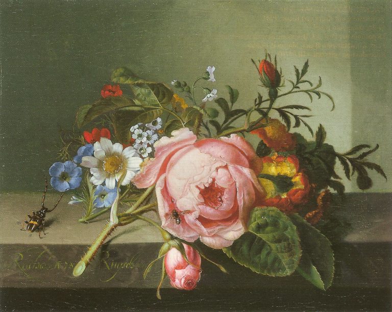 Oil painting of flowers on a table with a beetle and a bee.