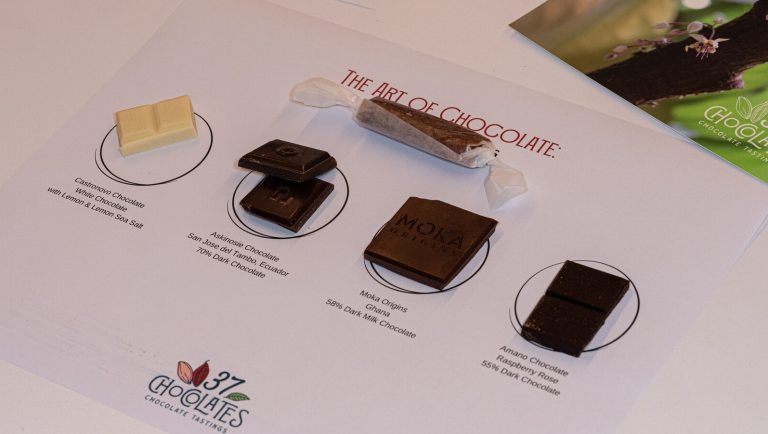 Pieces of chocolate set out on a table.