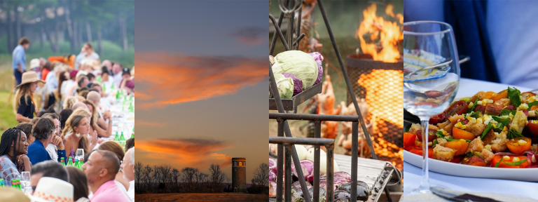 Collage of images including guests conversing at a long outdoor dining table, sunset over a field and stone tower, fresh vegetables near an open flame, and a table setting including a wine glass and a white plate topped with colorful cooked vegetables.