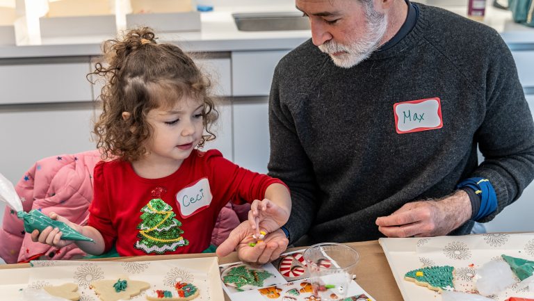 An adult and a young child decorate Christmas cookies.