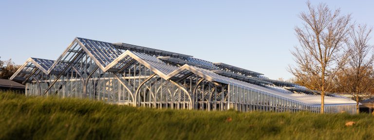 A large glasshouse with four visible peaks sprawls against a cloudless blue sky, fronted by a lawn of tall green grass, with nearly leafless trees in the right backgorund.