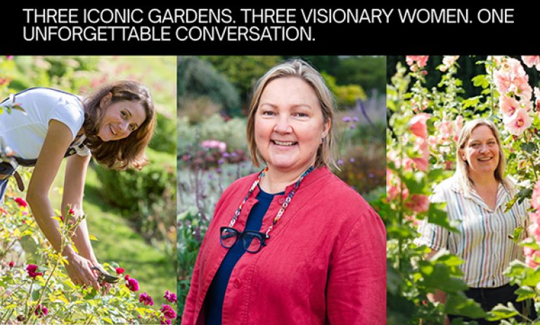 Three photo collage featuring three headshots of women in gardens.