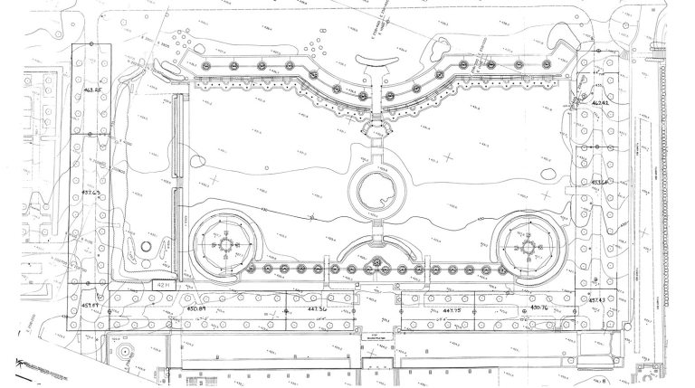 A black and white CAD drawing of the Main Fountain Garden.