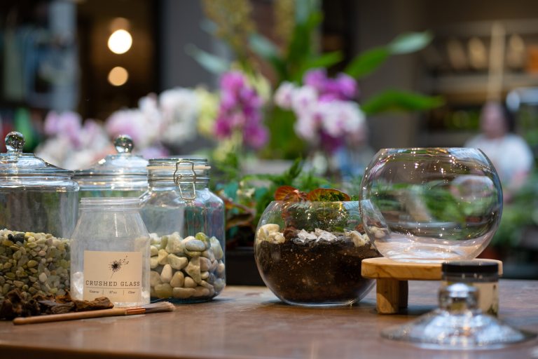 A wood table with a glass bowl, dried moss, and plant supplies on top.