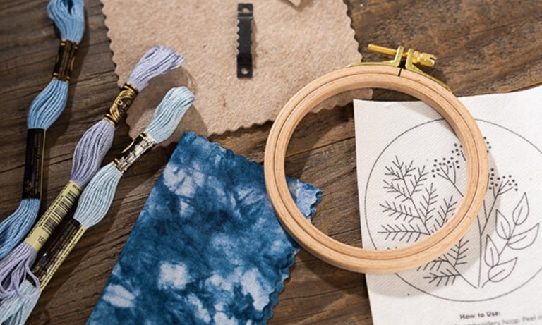 Embroidery supplies on a wood table, featuring a small hoop, thread in shades of blue, and a botanical illustration.