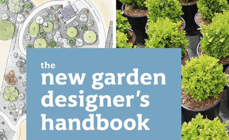 A partial image of the cover of a book title "the new garden designer's handbook."
