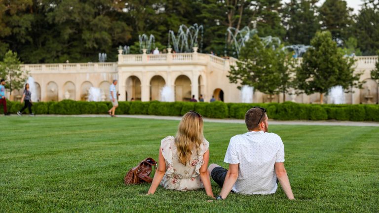 Two people relax on a green lawn while fountains dance in the background.