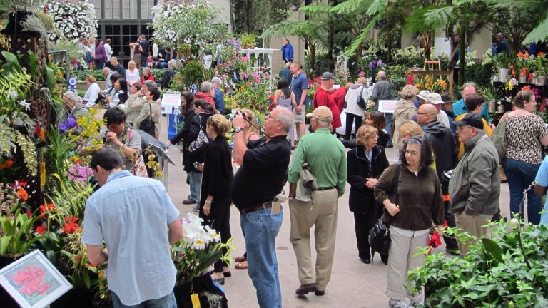 People browse among indoor blooms and foliage on a sunken garden floor