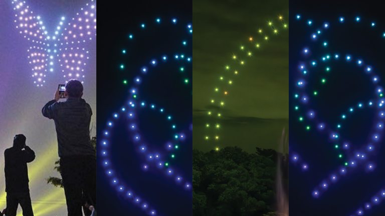 Montage of four vertical panels displaying light patterns in the night sky, drawn by drones.