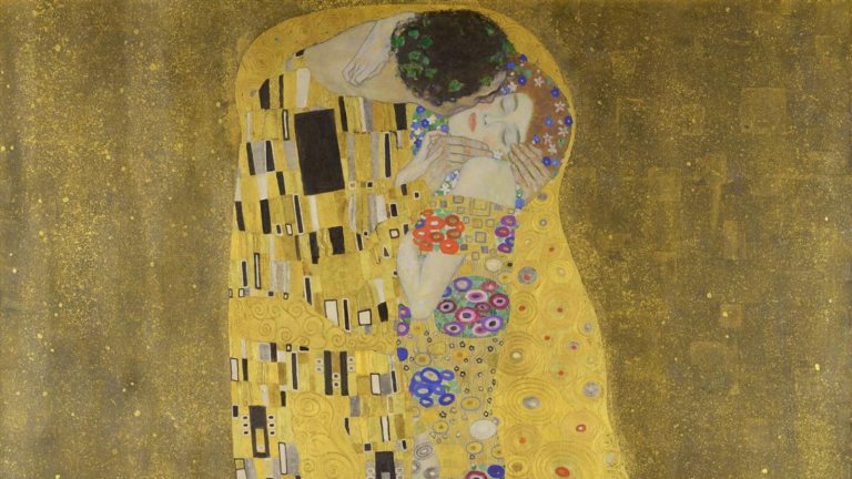 A painting called The Kiss by Gustave Klimt showing a couple on a gold background.